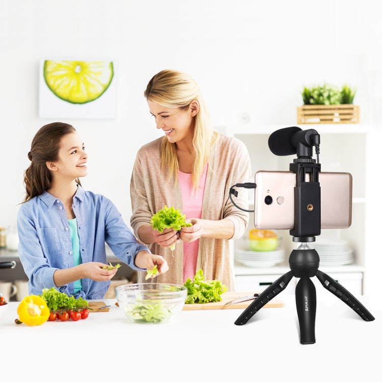 Kit video vlogger per smartphone con trasmissione in diretta PULUZ, microfono + supporto per treppiede + supporto per morsetto per telefono, Mic + Tripod + lamp