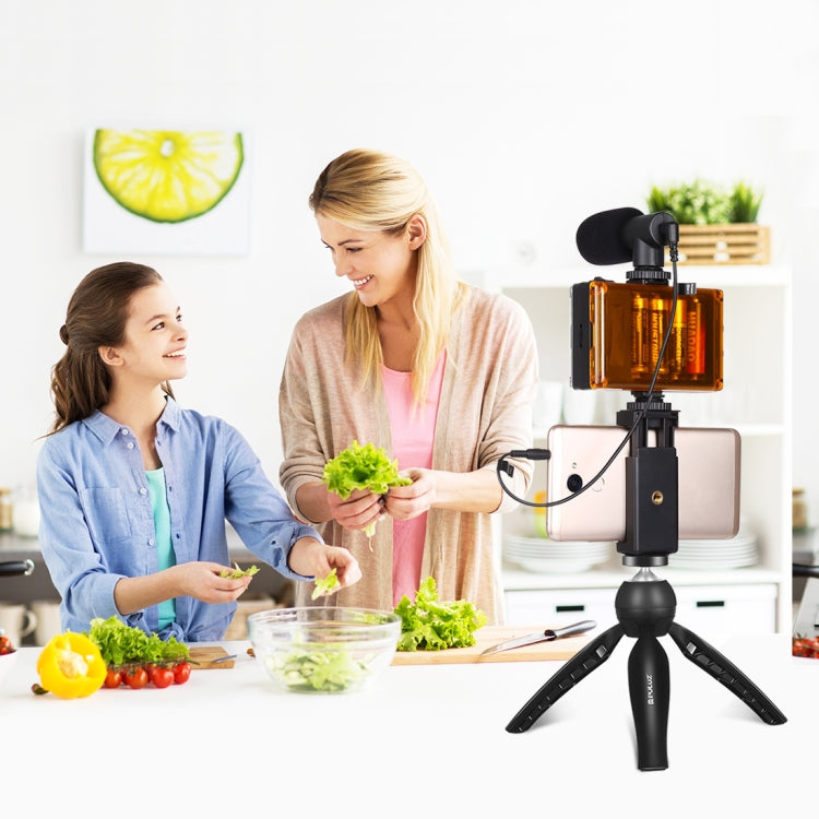 Kit Vlogger luce video per smartphone con trasmissione in diretta PULUZ con microfono + luce LED + supporto per treppiede + supporto per morsetto per telefono, Mic + LED + Tripod + lamp