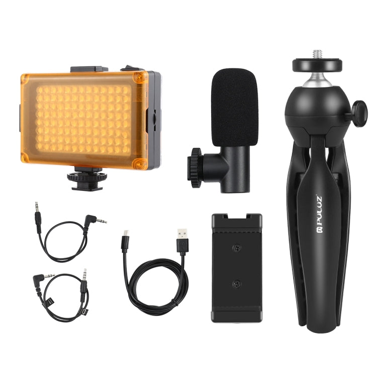 Kit Vlogger luce video per smartphone con trasmissione in diretta PULUZ con microfono + luce LED + supporto per treppiede + supporto per morsetto per telefono, Mic + LED + Tripod + lamp