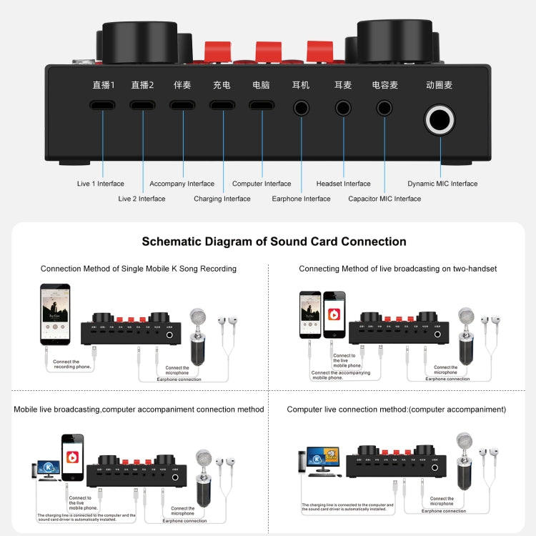 PULUZ Scheda audio Trasmissione dal vivo Mixer audio Bluetooth Kit microfono da studio con braccio a forbice a sospensione e supporto antiurto in metallo, versione cinese, Sound Mixer+Microphone, Chinese Version