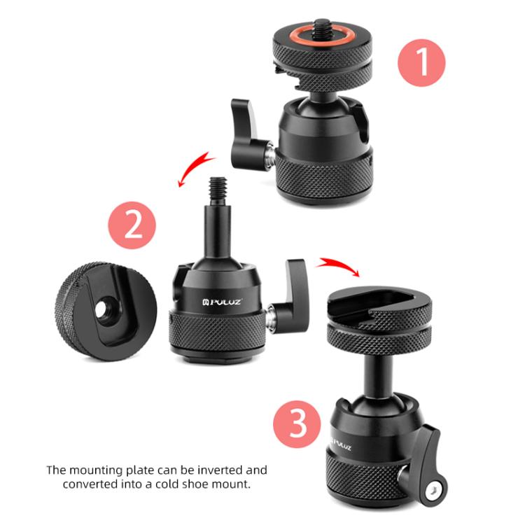 Adattatore per treppiede PULUZ multifunzionale in lega di alluminio con mini testa a sfera, slitta a caldo e vite da 1/4" a doppio uso., Dual-Use Ball Head Tripod