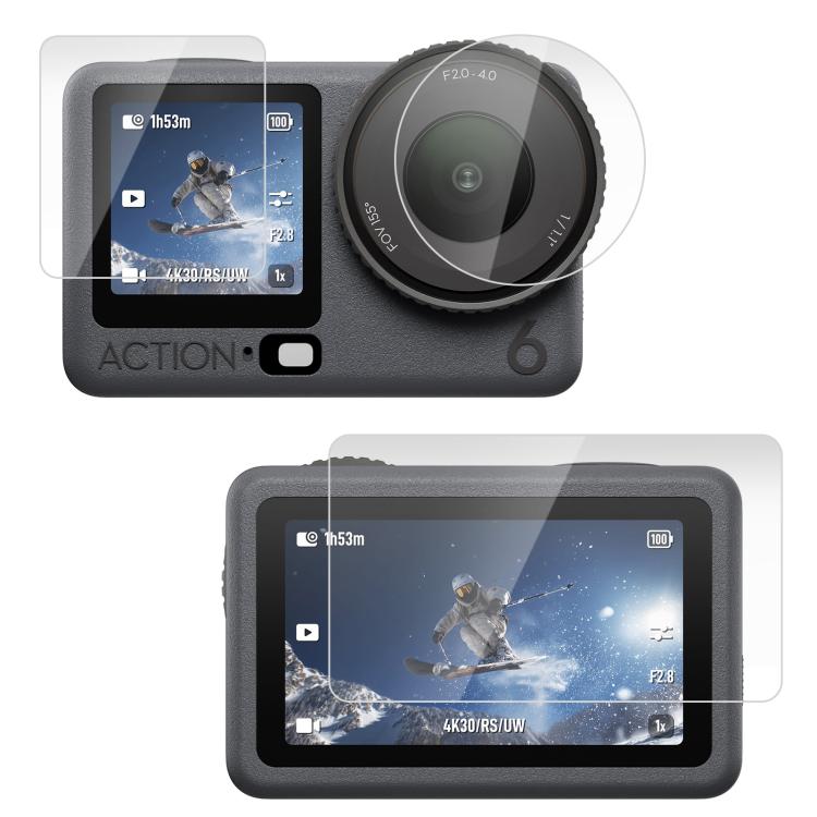 Pellicola protettiva in vetro temperato per obiettivo PULUZ + schermo anteriore e posteriore per DJI Osmo Action 6 / 6 Pro., Tempered Glass Film