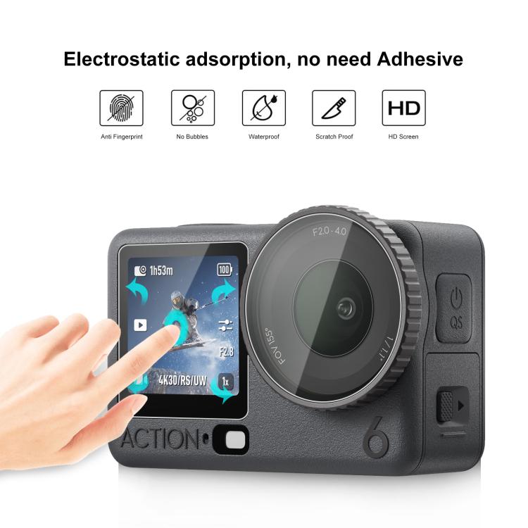 Pellicola protettiva in vetro temperato per obiettivo PULUZ + schermo anteriore e posteriore per DJI Osmo Action 6 / 6 Pro., Tempered Glass Film