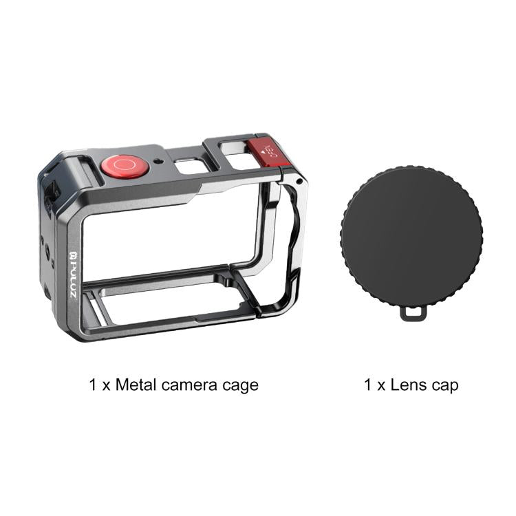 Gabbia per fotocamera PULUZ in metallo a doppia apertura, espandibile, con copriobiettivo in silicone, per DJI Osmo Action 6., Dual-Opening Cage