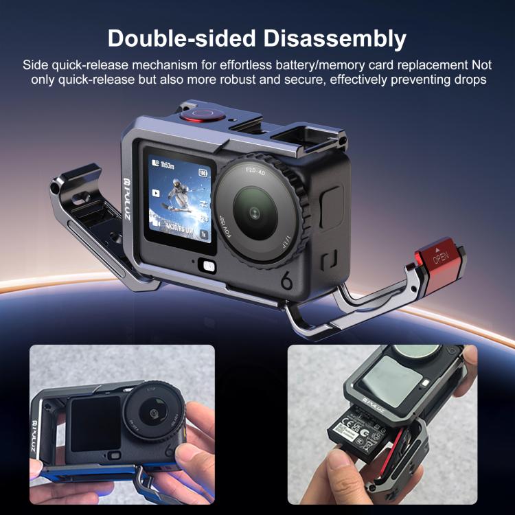 Gabbia per fotocamera PULUZ in metallo a doppia apertura, espandibile, con copriobiettivo in silicone, per DJI Osmo Action 6., Dual-Opening Cage