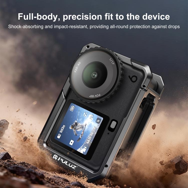 Gabbia per fotocamera PULUZ in metallo a doppia apertura, espandibile, con copriobiettivo in silicone, per DJI Osmo Action 6., Dual-Opening Cage