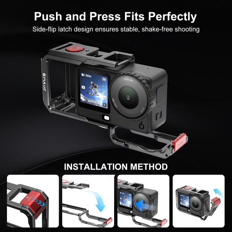 Gabbia per fotocamera PULUZ in metallo a doppia apertura, espandibile, con copriobiettivo in silicone, per DJI Osmo Action 6., Dual-Opening Cage