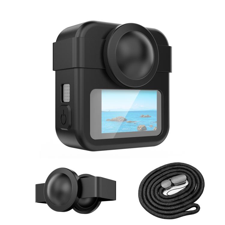 Custodia protettiva in silicone per GoPro MAX2 PULUZ con doppio copriobiettivo e cinturino., Body Case with Dual Lens Cap