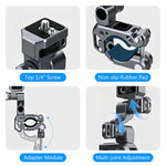 Supporto in lega di alluminio PULUZ per gimbal professionale a 3 vie per moto, biciclette e videocamere panoramiche e d'azione., Handlebar Aluminium Alloy Mount
