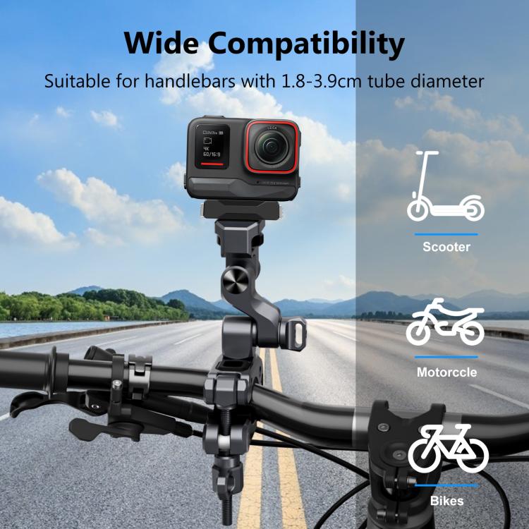 Supporto in lega di alluminio PULUZ per gimbal professionale a 3 vie per moto, biciclette e videocamere panoramiche e d'azione., Handlebar Aluminium Alloy Mount