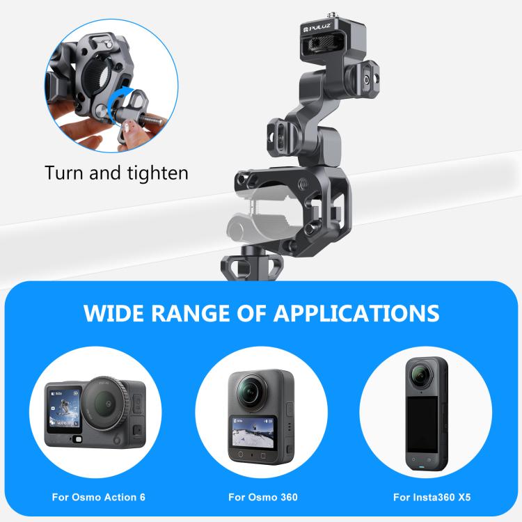 Supporto in lega di alluminio PULUZ per gimbal professionale a 3 vie per moto, biciclette e videocamere panoramiche e d'azione., Handlebar Aluminium Alloy Mount