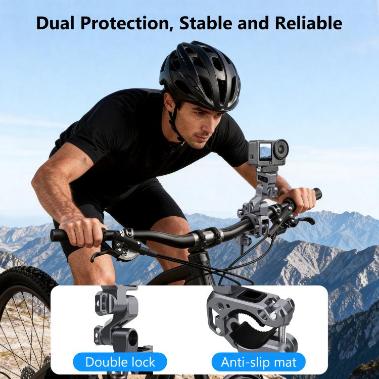 Supporto in lega di alluminio PULUZ per gimbal professionale a 3 vie per moto, biciclette e videocamere panoramiche e d'azione., Handlebar Aluminium Alloy Mount