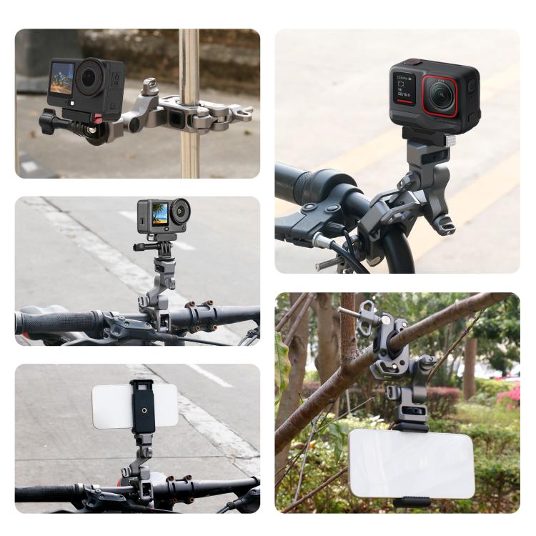 Supporto in lega di alluminio PULUZ per gimbal professionale a 3 vie per moto, biciclette e videocamere panoramiche e d'azione., Handlebar Aluminium Alloy Mount