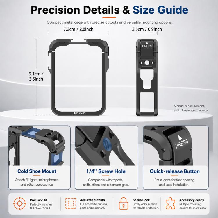 Telaio di espansione con gabbia protettiva in lega di alluminio PULUZ con copriobiettivo per DJI Osmo 360 II., For DJI Osmo 360 II / 360 Protective Cage