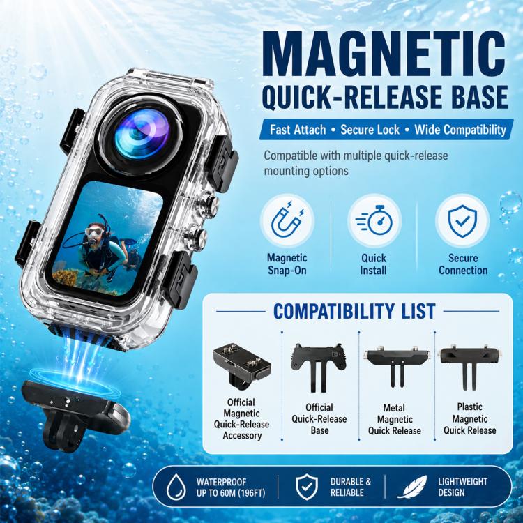 Custodia subacquea impermeabile PULUZ 60M / 196FT con chiusura magnetica invisibile a sgancio rapido per Insta360 X6, Magnetic Quick-Release Waterproof Housing