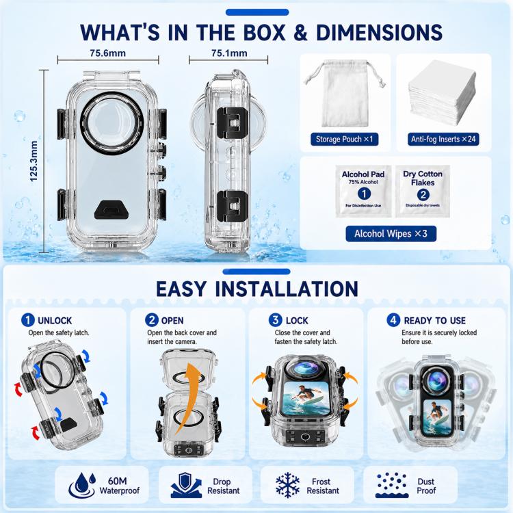 Custodia subacquea impermeabile PULUZ 60M / 196FT con chiusura magnetica invisibile a sgancio rapido per Insta360 X6, Magnetic Quick-Release Waterproof Housing