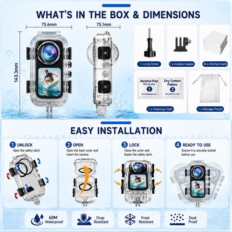 Custodia subacquea impermeabile PULUZ 60M / 196FT per immersioni subacquee, custodia invisibile in PC HD con base a due punte., Two-prong Base Waterproof Housing