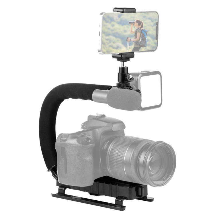 PULUZ Kit stabilizzatore DV portatile a forma di U/C con testa per treppiede con attacco freddo, morsetto per telefono, fibbia a sgancio rapido e vite lunga per tutte le fotocamere reflex e fotocamere DV domestiche, C-Shaped Bracket Kits