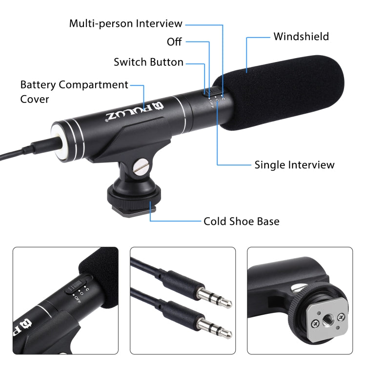 PULUZ Microfono professionale per interviste a condensatore video shotgun con cavo audio da 3,5 mm per videocamera DSLR e DV, Microphone