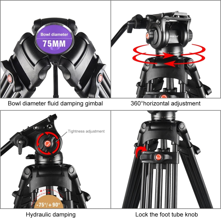 PULUZ Treppiede professionale per videocamera resistente in lega di alluminio con testa fluida per fotocamera DSLR/SLR, altezza regolabile: 80-160 cm, 80-160cm Tripod