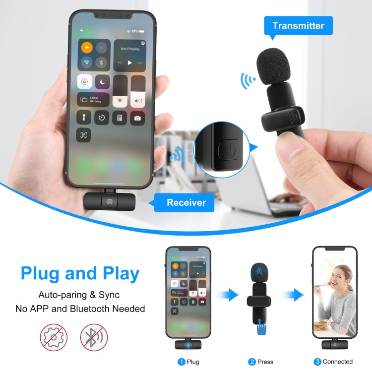 Microfono riverbero con riduzione del rumore lavalier wireless PULUZ per dispositivo a 8 pin, supporta la ricarica del telefono, 8 Pin Wireless Microphone