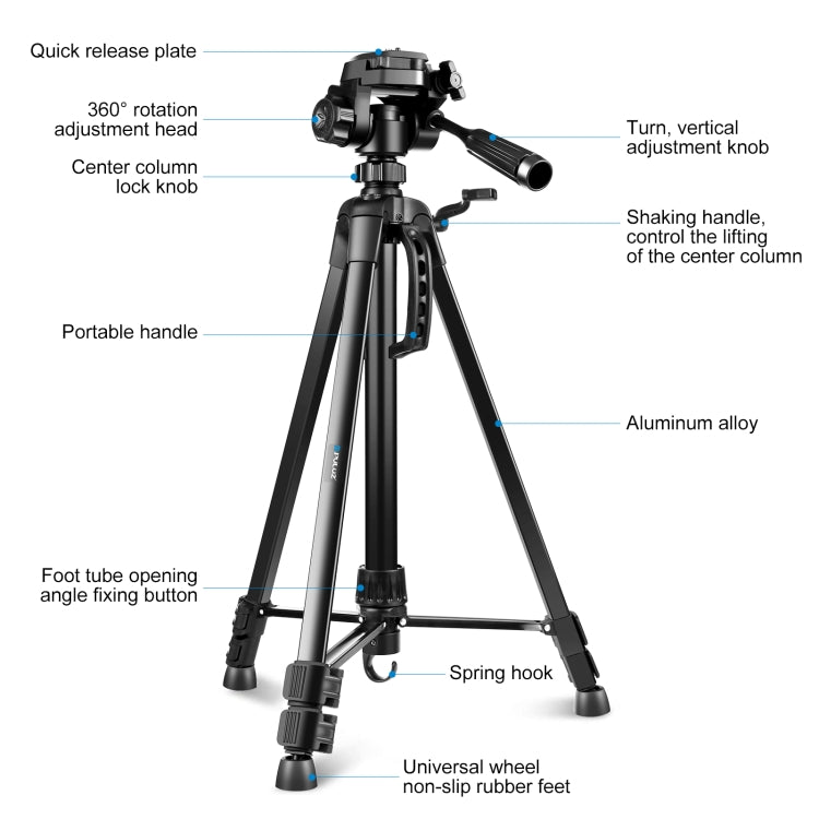Supporto per treppiede live per selfie in alluminio PULUZ con testa tridimensionale e morsetto per telefono, Adjustable Height: 55-139cm