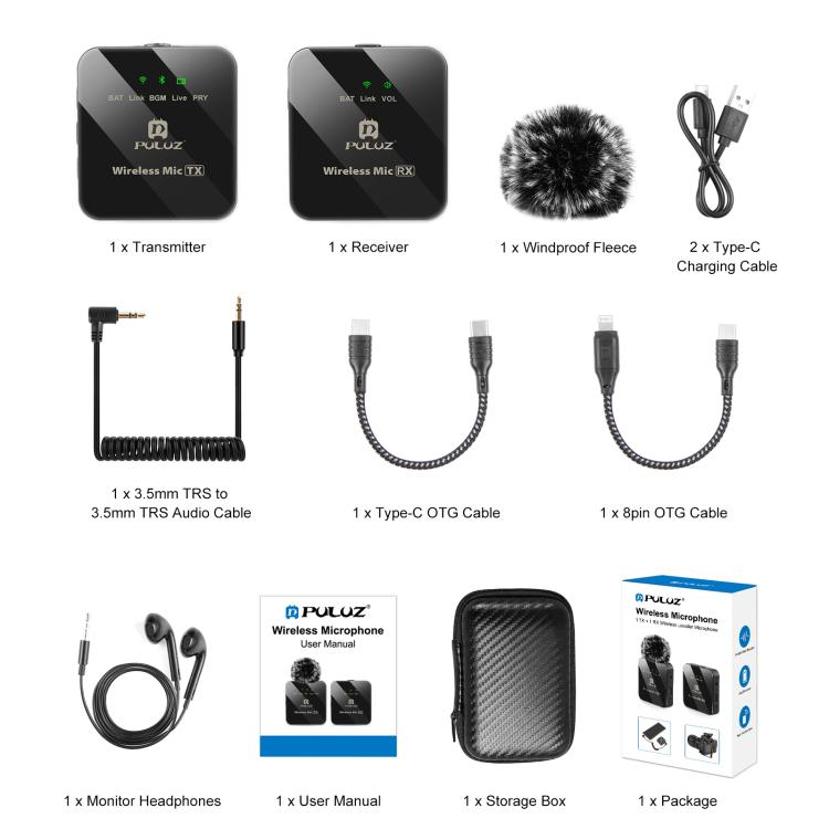 Microfono lavalier wireless PULUZ 1 TX + 1 RX 2.4G