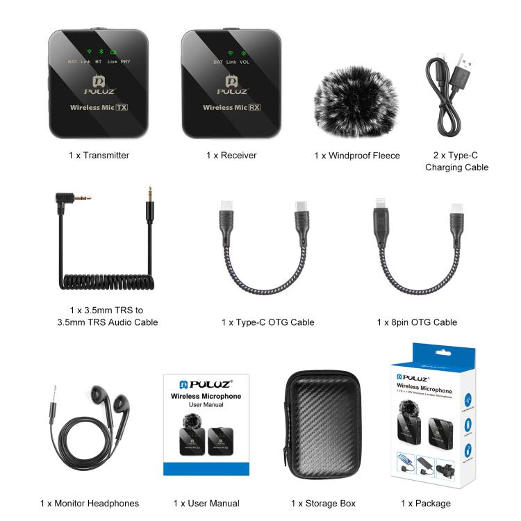 Microfono lavalier wireless PULUZ 1 TX + 1 RX 2.4G
