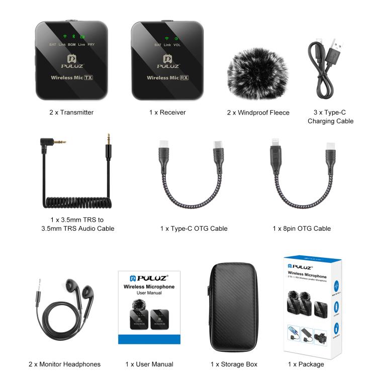Microfono lavalier wireless PULUZ 2 TX + 1 RX