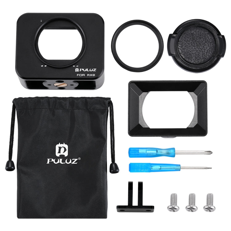 PULUZ per Sony RX0 Gabbia protettiva in lega di alluminio + lente con filtro UV da 37 mm + parasole con viti e cacciaviti, Cage Black, Cage Gold, Cage Blue, Cage Red, Cage Silver, Cage Black(US)