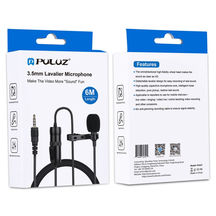 Microfono video per registrazione video a condensatore omnidirezionale Jack Lavalier da 3,5 mm PULUZ, lunghezza: 6 m, Lavalier Microphone