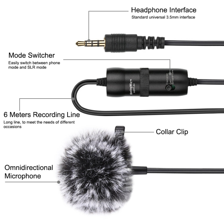 Microfono video per registrazione video a condensatore omnidirezionale Jack Lavalier da 3,5 mm PULUZ, lunghezza: 6 m, Lavalier Microphone