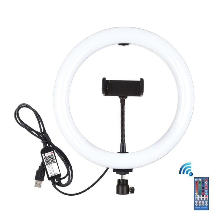 PULUZ 10.2 pollici 26 cm USB RGBW dimmerabile LED anello Vlogging fotografia luci video con testa a sfera per treppiede e telecomando e morsetto per telefono, 10.2 inch RGBW / Remote