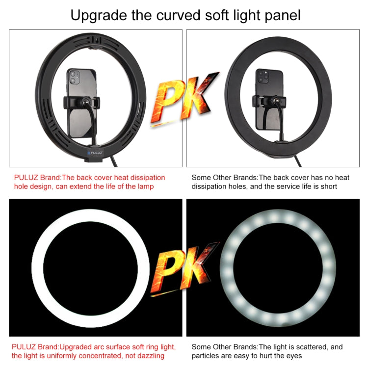 PULUZ 10.2 inch 26cm USB RGBW Dimmable LED Ring Vlogging Photography Video Lights with Tripod Ball Head & Remote & Phone Clamp, 10.2 inch RGBW / Remote