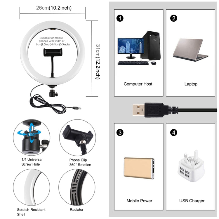 PULUZ 10.2 pollici 26 cm USB 10 modalità 8 colori RGBW dimmerabile anello LED Vlogging fotografia luci video con testa a sfera per treppiede con slitta fredda e morsetto per telefono, 10.2 inch RGBW