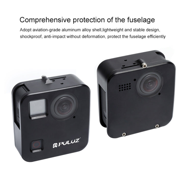 PULUZ per GoPro Fusion Shell Housing Gabbia protettiva in lega di alluminio CNC con supporto di base e copriobiettivo, For GoPro Fusion