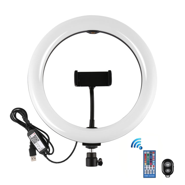 PULUZ 10.2 pollici 26 cm Superficie curva USB RGBW Dimmerabile Anello LED Vlogging Fotografia Luci video con testa a sfera per treppiede e telecomando e morsetto per telefono, 10.2 inch RGBW