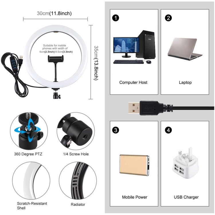 Luce anello LED 11,8 pollici USB dimmerabile 3 colori