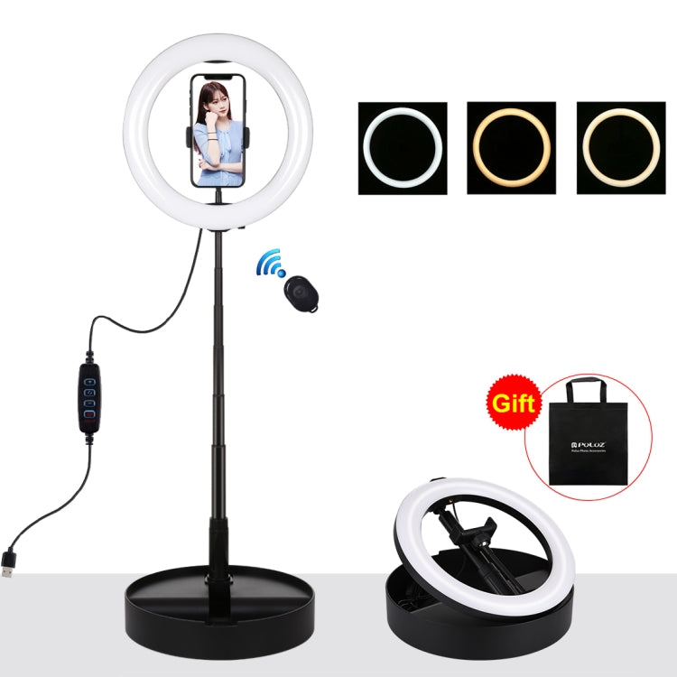 PULUZ 10.2 pollici 26 cm USB 3 modalità dimmerabile doppia temperatura colore LED anello curvo vlogging selfie fotografia luci video con otturatore remoto Bluetooth e supporto da tavolo pieghevole e morsetto per telefono