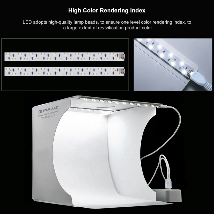 PULUZ 20 cm include 2 pannelli LED pieghevoli portatili 1100LM luce illuminazione fotografica kit tenda da studio con fondali a 6 colori (nero, bianco, giallo, rosso, verde, blu), dimensioni da aperto: 24 cm x 23 cm x 23 cm, 20cm(2 LED/RU), 20cm(2 LED)...