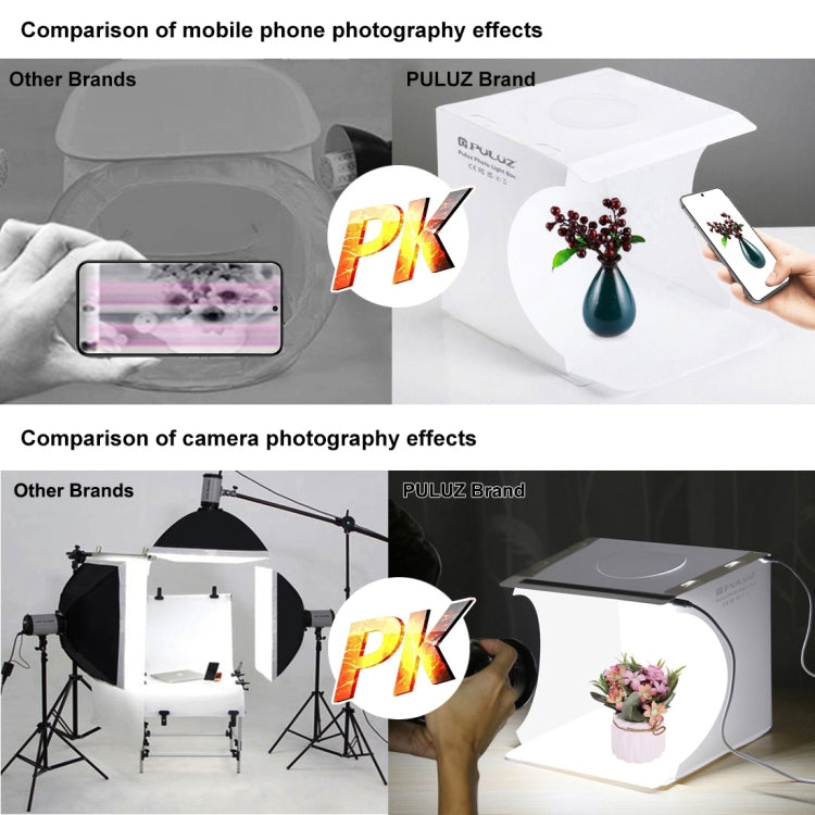 PULUZ 20 cm include 2 pannelli LED pieghevoli portatili 1100LM luce illuminazione fotografica kit tenda da studio con fondali a 6 colori (nero, bianco, giallo, rosso, verde, blu), dimensioni da aperto: 24 cm x 23 cm x 23 cm, 20cm(2 LED/RU), 20cm(2 LED)...