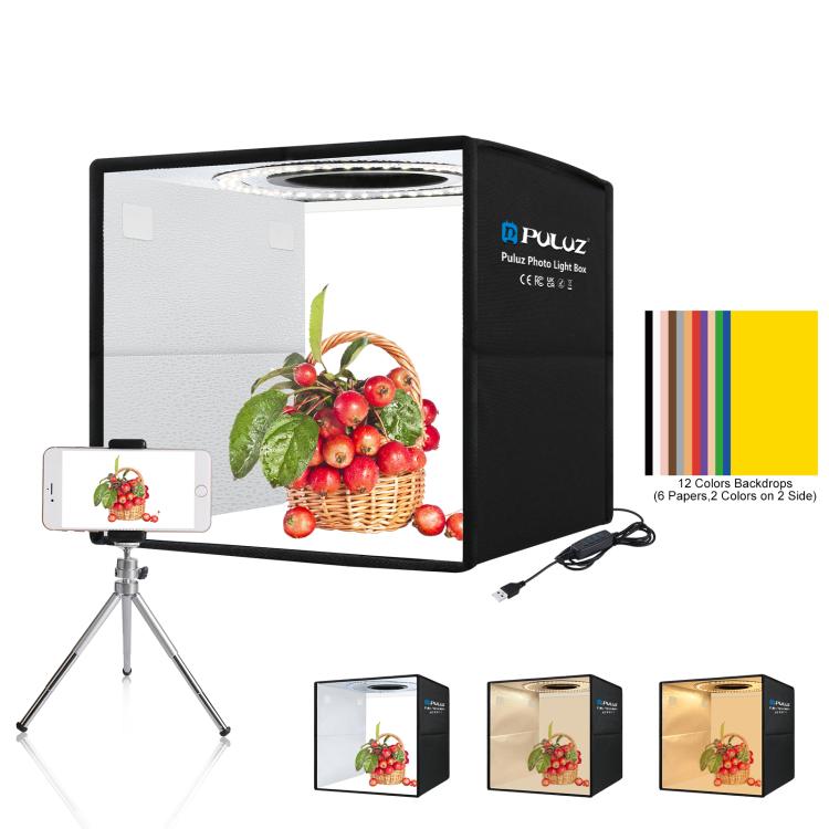 PULUZ 25 cm Pieghevole Portatile 3 Modalità Doppia Temperatura di Colore Anello di Luce Illuminazione Fotografica Tenda da Studio con 6 Fondali Colorati su Doppio Lato, Dimensioni: 25 cm x 25 cm x 25 cm, 25cm 3 Color Temp. Box Black                    ...