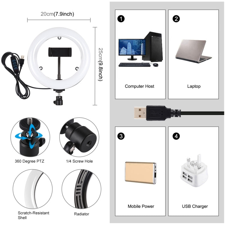 Anello LED 7.9" USB dimmerabile con specchio