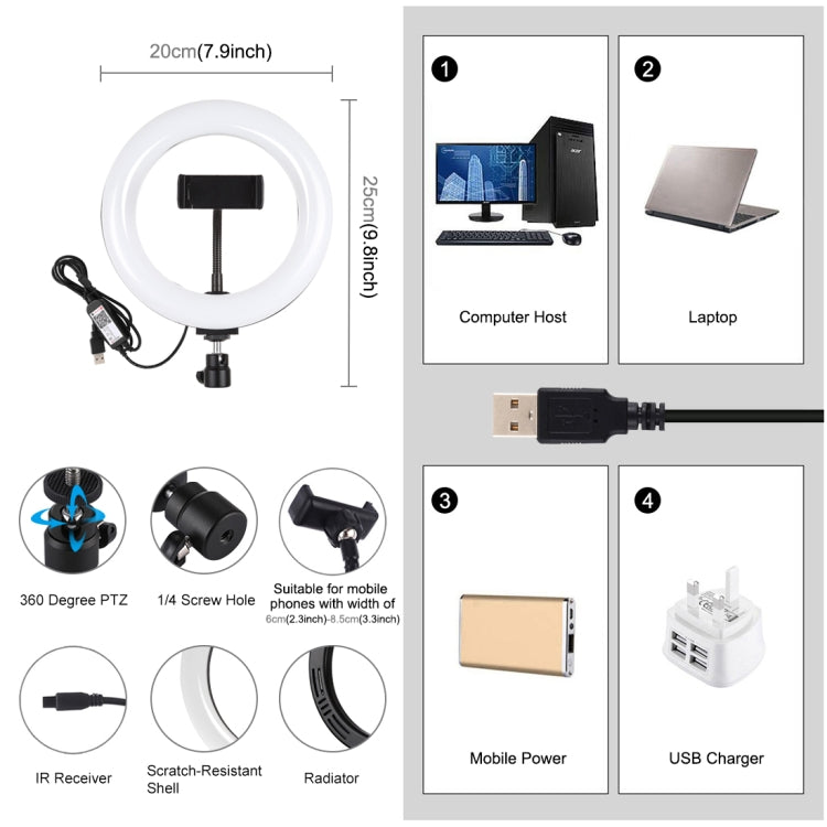 Anello luminoso LED RGB 7,9" USB dimmerabile con morsetto