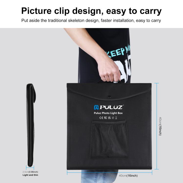 PULUZ 40cm Pieghevole Portatile 24W 5500K Luce Bianca Dimmerabile Illuminazione Fotografica Kit Tenda da Studio con 6 Colori (Nero, Arancione, Bianco, Rosso, Verde, Blu) Fondali, 40cm Box(UK/AE), 40cm Box(US), 40cm Box(UK), 40cm Box(EU), 40cm Box(AU)