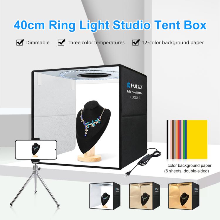 PULUZ 40 cm Pieghevole Luce Anulare Portatile USB Illuminazione Fotografica Tenda da Studio con 6 Fondali Colorati su Doppio Lato, Dimensioni: 40 cm x 40 cm x 40 cm, 40cm Box Black RU, 40cm