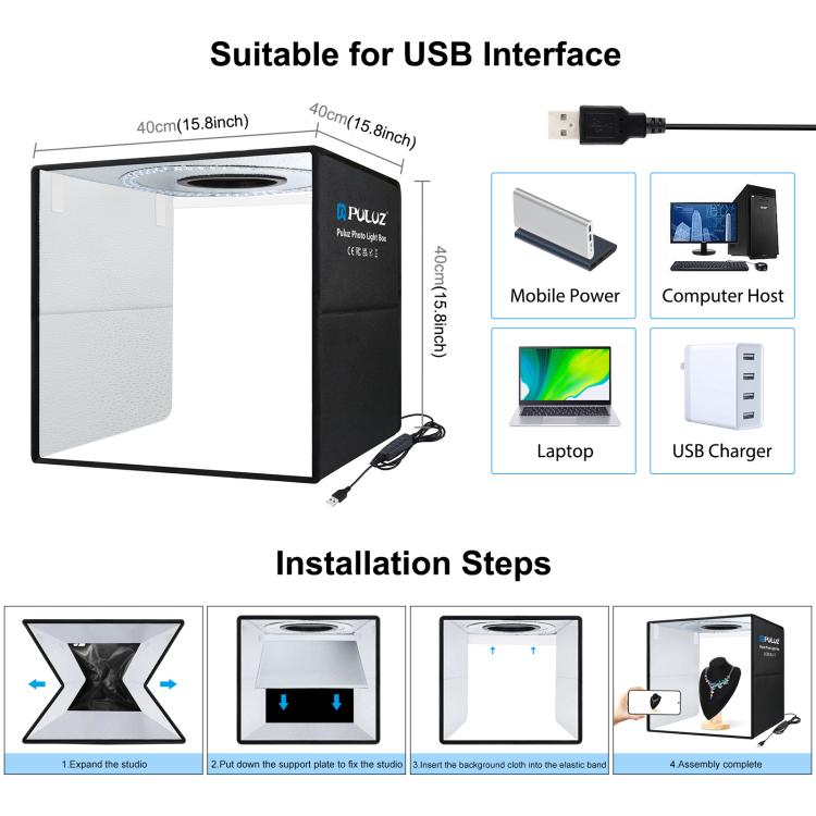PULUZ 40 cm Pieghevole Luce Anulare Portatile USB Illuminazione Fotografica Tenda da Studio con 6 Fondali Colorati su Doppio Lato, Dimensioni: 40 cm x 40 cm x 40 cm, 40cm Box Black RU, 40cm