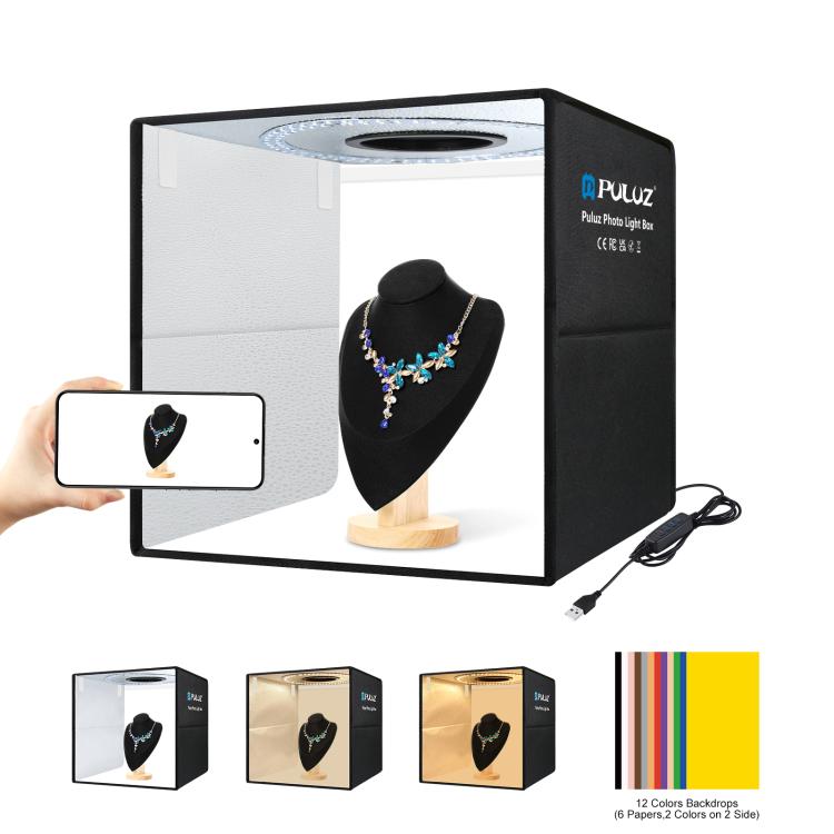 PULUZ 40 cm Pieghevole Luce Anulare Portatile USB Illuminazione Fotografica Tenda da Studio con 6 Fondali Colorati su Doppio Lato, Dimensioni: 40 cm x 40 cm x 40 cm, 40cm Box Black RU, 40cm