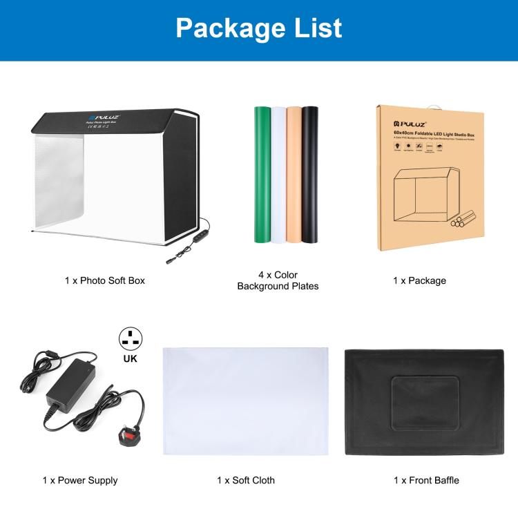 PULUZ Photo Studio Light Box Kit portatile per tende da studio fotografico cubico da 60 x 40 cm con 6 fondali colorati, 60 x 40cm (UK), 60 x 40cm (EU), 60 x 40cm (AU), 60 x 40cm (US)