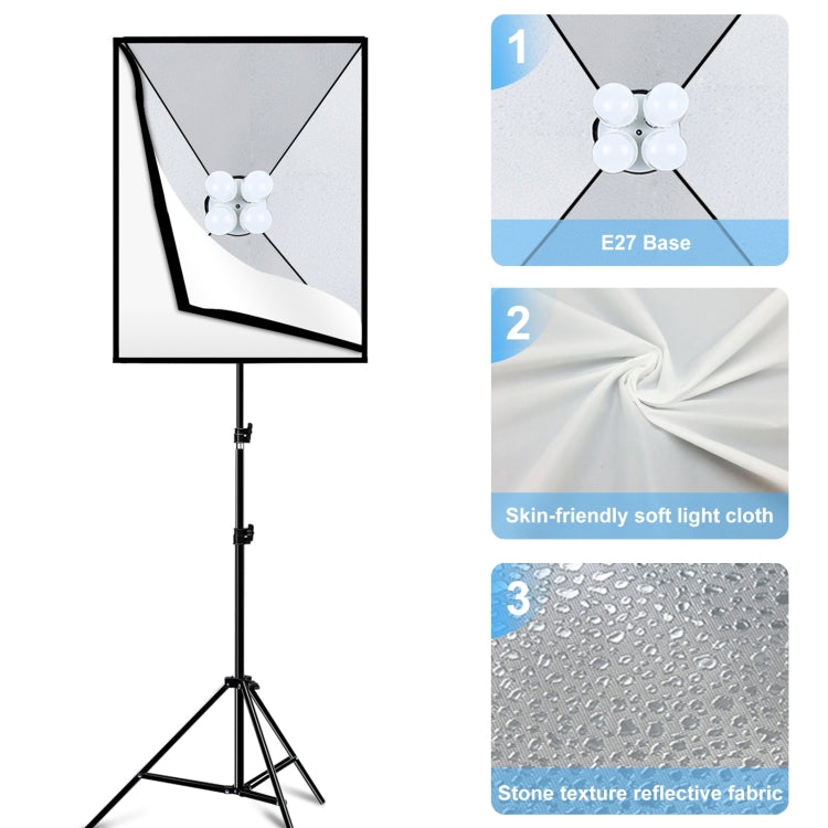 PULUZ Softbox da studio 50x70 cm + supporto per treppiede da 2 m + 4 kit di illuminazione fotografica per lampadine LED E27 24 W 5700 K a luce bianca, 4 x Bulb EU Plug (RU), 4 x Bulb EU Plug, 4 x Bulb US Plug